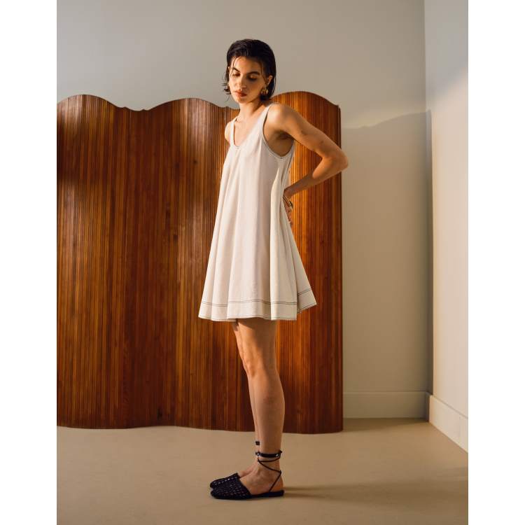 Topshop linen trapeze mini dress with deep hem and contrast stitch in  natural | ASOS