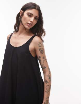 Topshop Linen Trapeze Swing Mini Dress In Black
