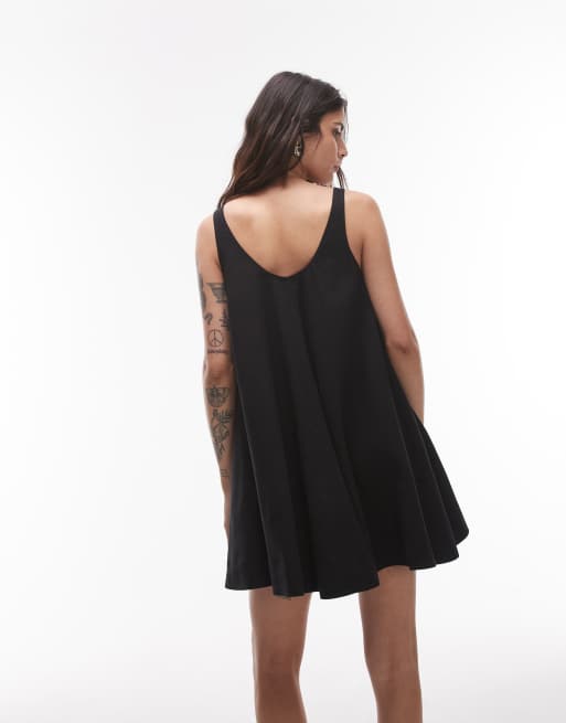 Topshop linen trapeze swing mini dress in black , 3 of 4