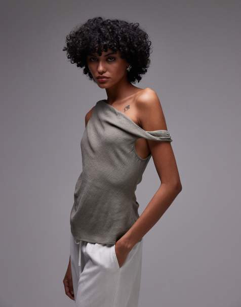 Topshop linen twist shoulder top in green - view 1