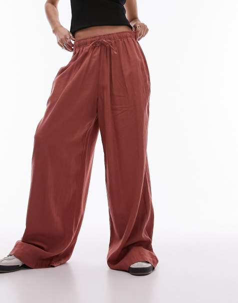 Topshop linen wide leg trouser in burnt brick - view 1