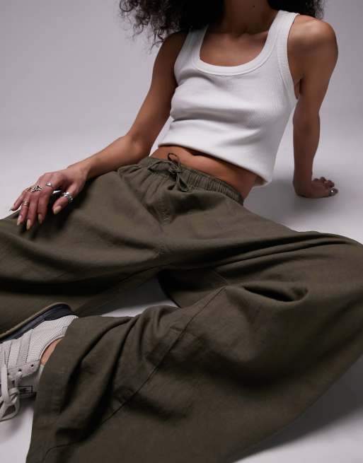 Topshop linen wide leg trouser in khaki ASOS