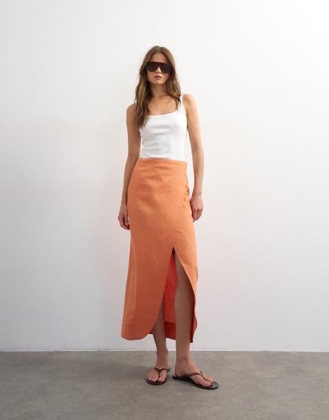 Topshop linen wrap maxi skirt in dusted clay