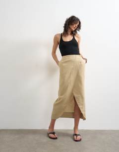 Linen wrap maxi skirt in taupe