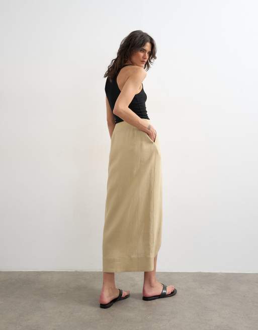 Topshop linen wrap maxi skirt in taupe, 2 of 5