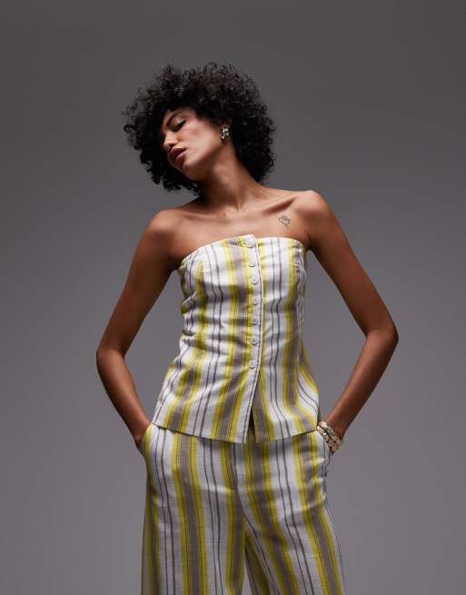 Topshop linen yellow stripe bandeau top in yellow (Part of a set)