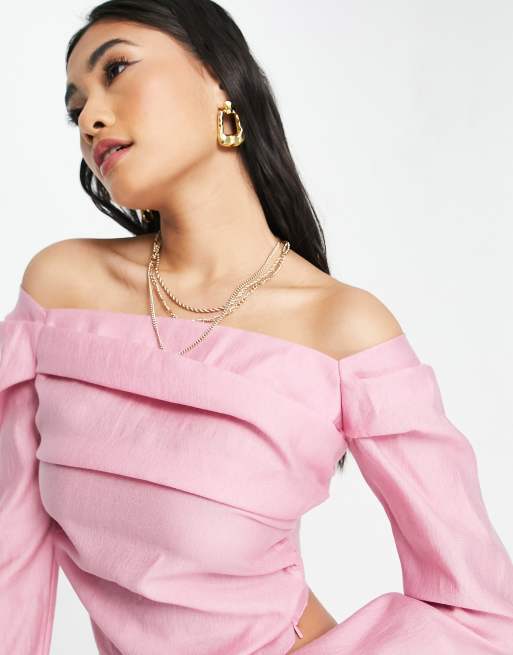 Topshop - Linnen bardottop in roze, 2 van 4