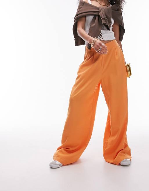 Topshop - Linnen broek met wijde pijpen en super hoge taille in oranje