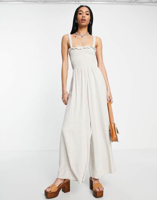 Topshop - Linnen jumpsuit met smokwerk in naturel beige 