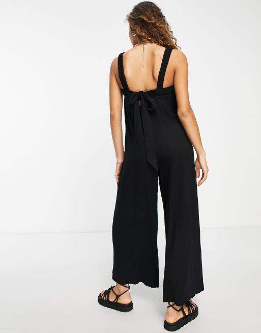 Topshop - Linnen romper-jumpsuit met vierkante hals in zwart , 2 van 4