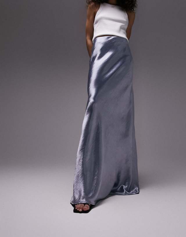 Topshop liquid look flood length maxi skirt in light blue