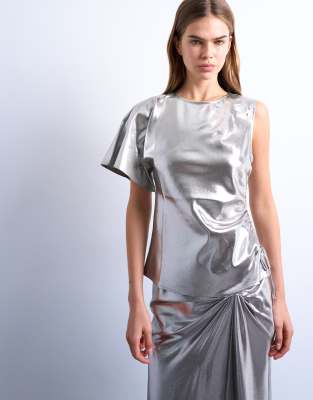 Topshop Liquid Look Metallic Ruched Side Top In Gray
