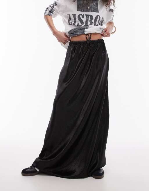 Topshop liquid look satin bias maxi skirt in black