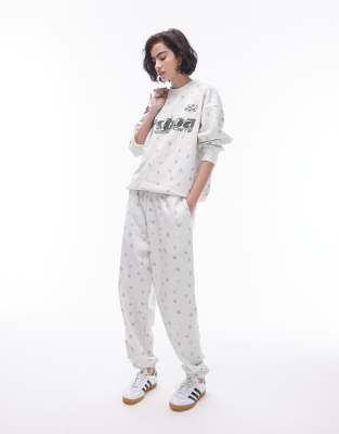 Topshop Lisboa Floral Print Cuffed Sweatpants In Ecru - Part Of A Set-white