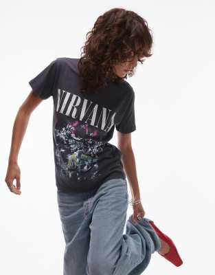 Topshop - Lizenziertes, kastiges T-Shirt in Grau mit „Nirvana"-Print