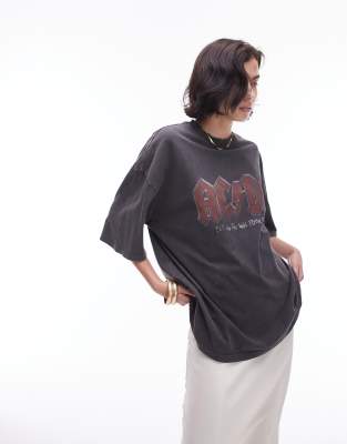 Topshop - Lizenziertes Oversize-T-Shirt in Anthrazit mit „AC/DC"-Grafikprint und Zierlöchern-Grau