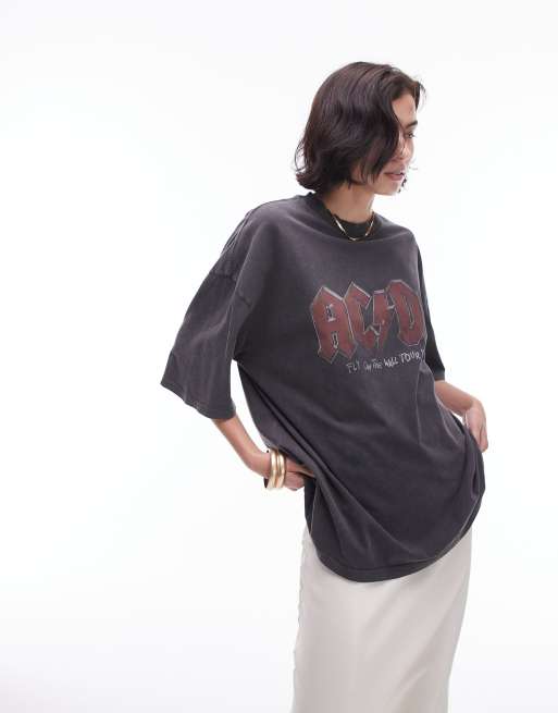 Topshop – Lizenziertes Oversize-T-Shirt in Anthrazit mit „AC/DC“-Grafikprint und Zierlöchern