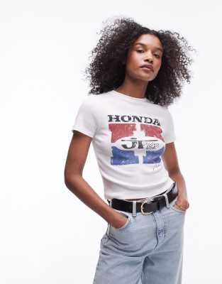 Topshop - Lizenziertes T-Shirt in Ecru mit „Honda"-Print-Weiß