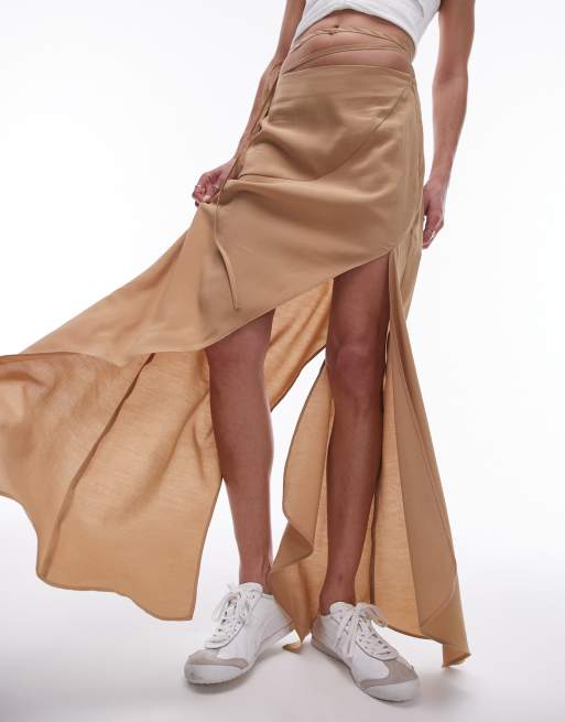 Topshop – Ljusbeige, asymmetrisk kjol med scarffåll, 5 av 5