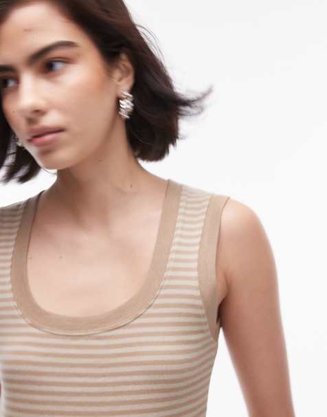Topshop – Ljusbeige, randigt linne med djup halsringning - view 1