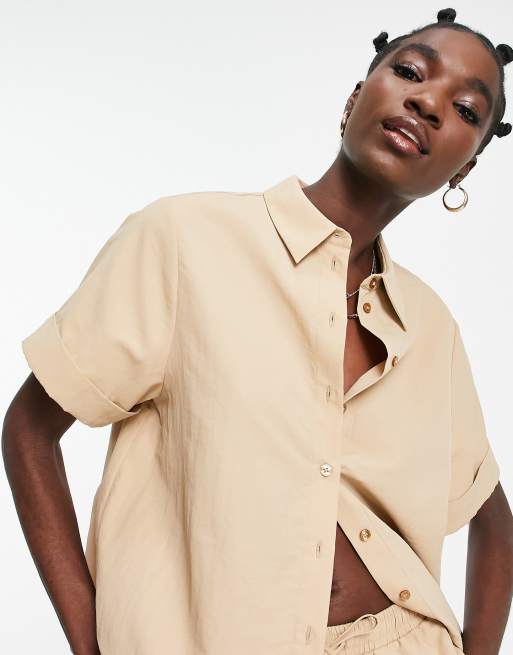 Topshop – Ljusbeige tech-skjorta med korta ärmar och boxig passform, del av set, 3 av 4