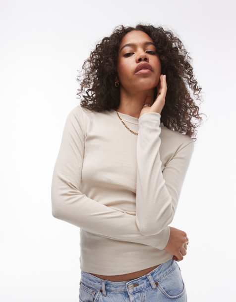 Topshop – Ljusbeige vardags-t-shirt med lång ärm - view 1