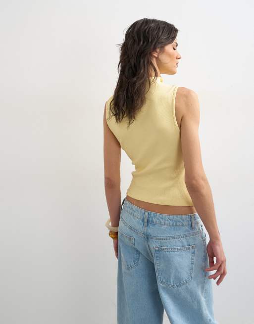 Topshop – Ljusgul, ärmlös topp med asymmetrisk knäppning, 3 av 4