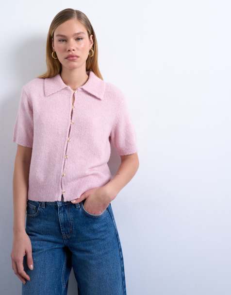 Topshop – Ljusrosa, stickad kofta med halvlånga ärmar och krage - view 1