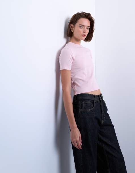 Topshop – Ljusrosa, vardaglig t-shirt i krympt design - view 1