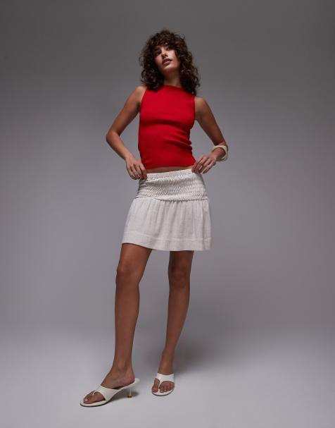 Topshop high rise linen mini skirt with ruched sides in natural