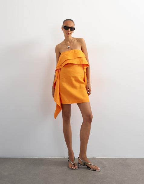 Topshop lniana sukienka mini bandeau z drapowaniem w kolorze pomarańczowym - view 1
