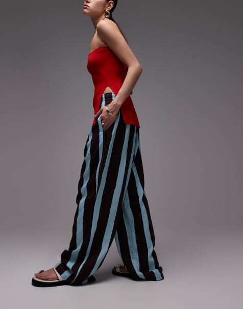 Topshop linen balloon trouser in turquoise bold stripe