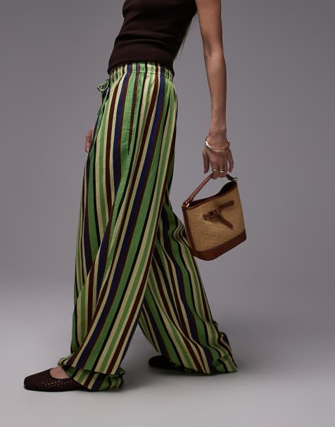 Topshop – Lniane spodnie z balonowymi nogawkami w zielone paski w stylu vintage - view 1