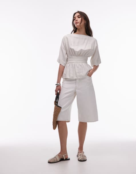 Topshop linen low back dropped waist top in natural