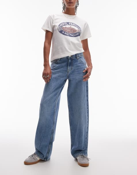 Topshop – Locker geschnittene Jeans in Bleach-Waschung mit niedrigem Bund und Schnallenriemen - view 1