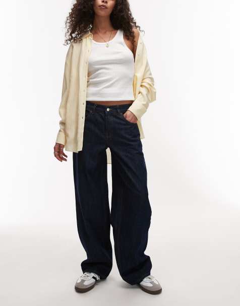 Topshop – Locker geschnittene Jeans in indigoblauer Raw-Waschung mit niedrigem Bund und Schnallenriemen - view 1