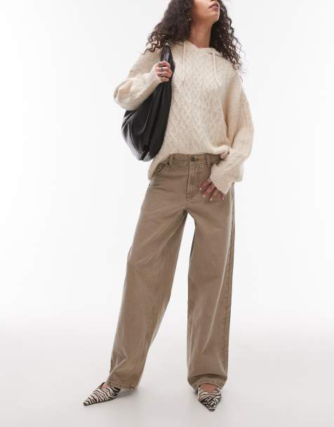 Topshop – Locker geschnittene Jeans in Milchkaffeebraun mit niedrigem Bund und Schnallenriemen - view 1