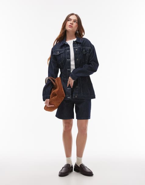 Topshop – Locker geschnittene Jeans-Jorts in Dunkelblau mit Streifen - view 1