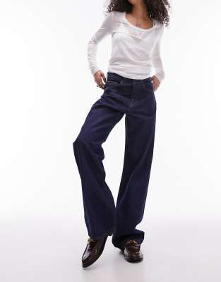 Topshop - Locker geschnittene Straight Jeans in unverarbeitetem Indigoblau mit mittelhohem Bund