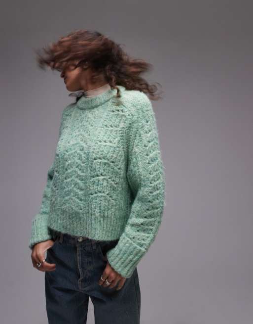 Topshop – Locker geschnittener Strickpullover in Grün mit Rundhalsausschnitt und Maschenstruktur