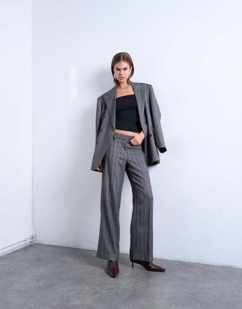 Topshop – Lockere Hose in Grau mit Fischgrät-Streifenmuster, Kombiteil - view 1