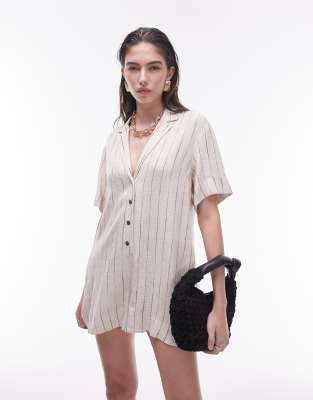 Topshop - Lockerer, gestreifter Playsuit in Natur mit Knopfleiste-Neutral