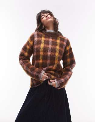 Topshop - Lockerer langer Strickpullover in Braun mit verschwommenem Karomuster-Bunt