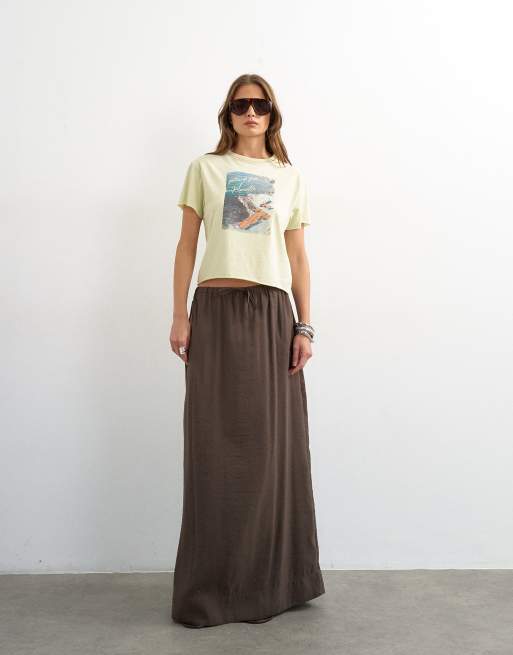 Topshop – Lockerer, schmaler Maxirock in Schokobraun mit geschnürter Taille, 4 von 5