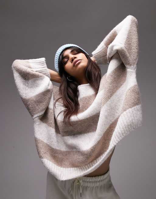 Topshop – Lockerer Strickpullover in Cremeweiß und Nerzbraun