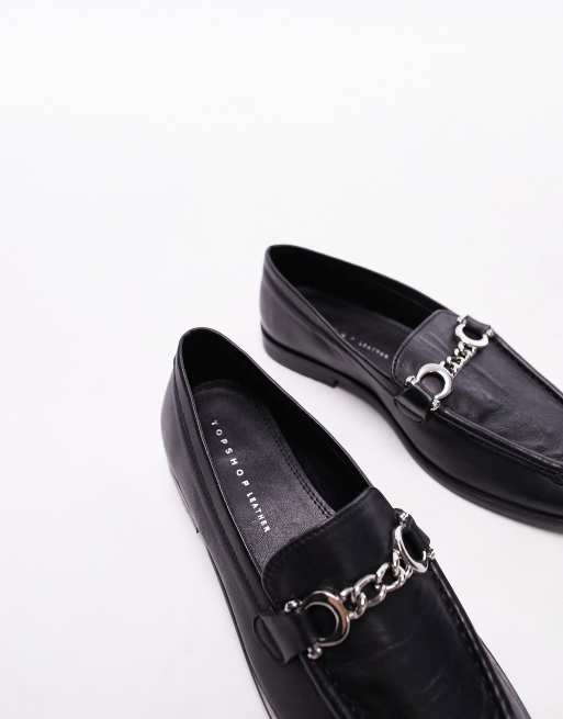 Topshop Lola leather loafers with chain detail in black, 4 of 4