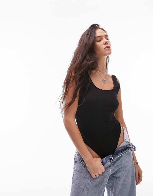 Topshop - Lola - Sort ribstrikket bodystocking uden ærmer 
