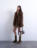 [Topshop] Topshop long brushed one button blazer coat with wool in chocolate-Brown S chocolate