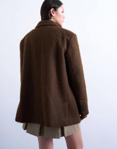 Model wearing Long brushed one button blazer coat with wool in chocolate