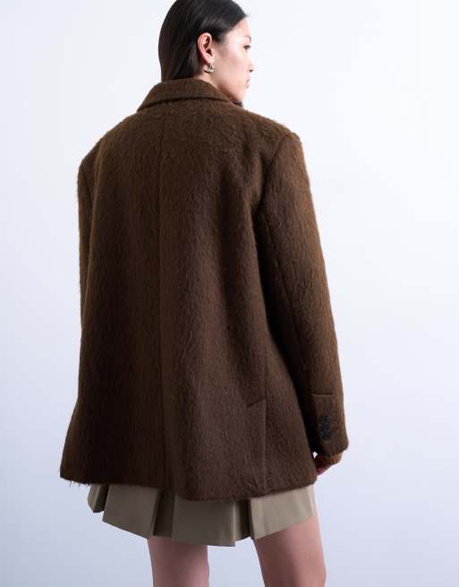 Topshop long brushed one button blazer coat with wool in chocolate, 3 of 4